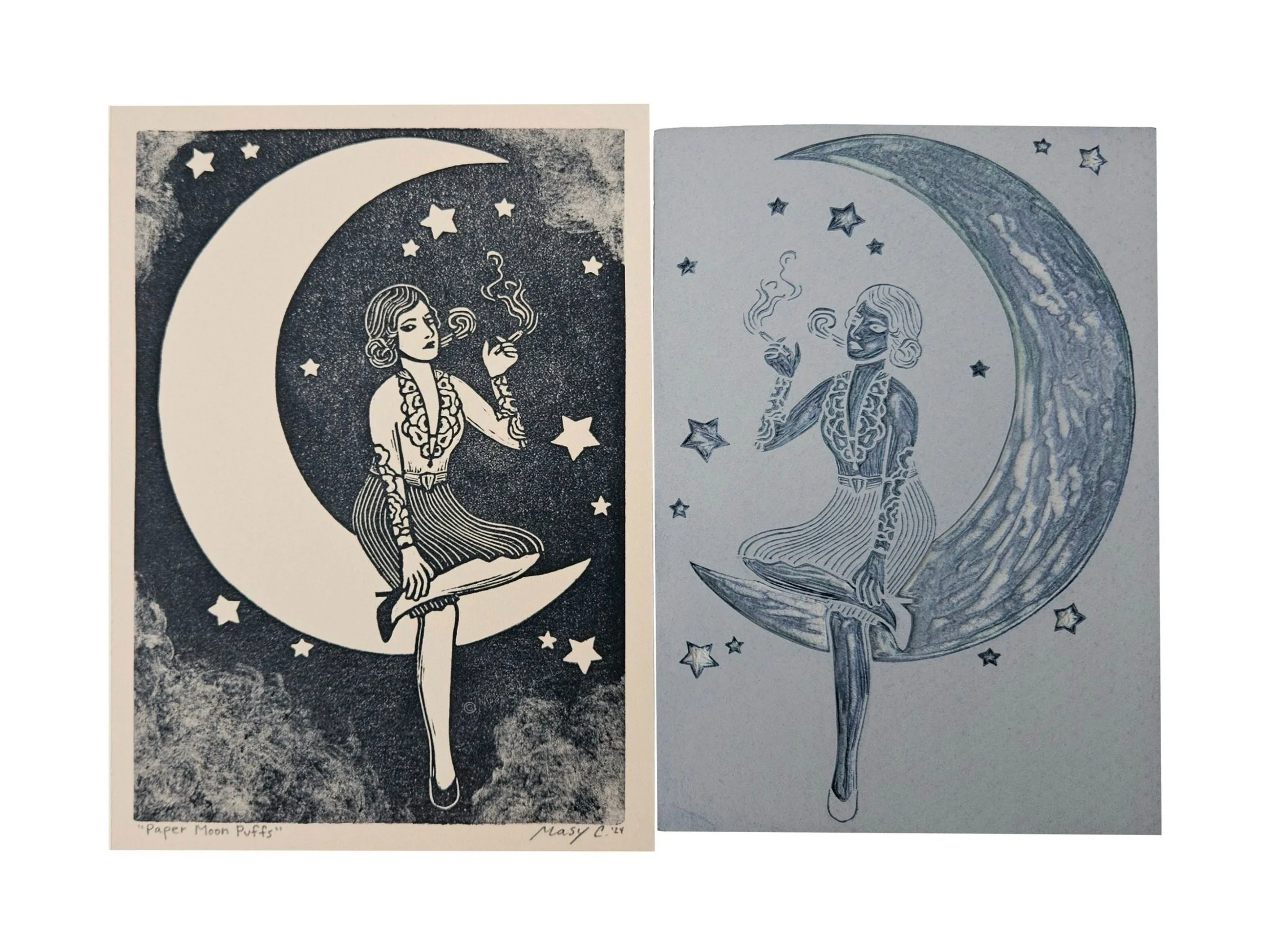 Paper Moon Puffs original block print - vintage paper moon and